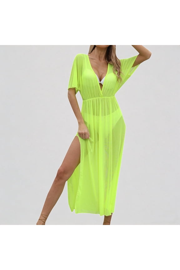 Women's Sheer Beach Dress Cover Up V Neck Split Drape Maxi Dress with Waist for Swimwear and Resort Wear,One Size