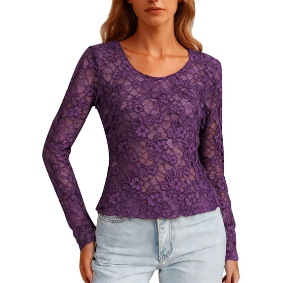Daznico Women's Sheer Lace Long Sleeve Top, Crew Neck Slim Fit Casual Layering Blouse,L