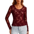 thumbnail image 1 of Daznico Women's Sheer Lace Long Sleeve Top, Crew Neck Slim Fit Casual Layering Blouse,L, 1 of 7