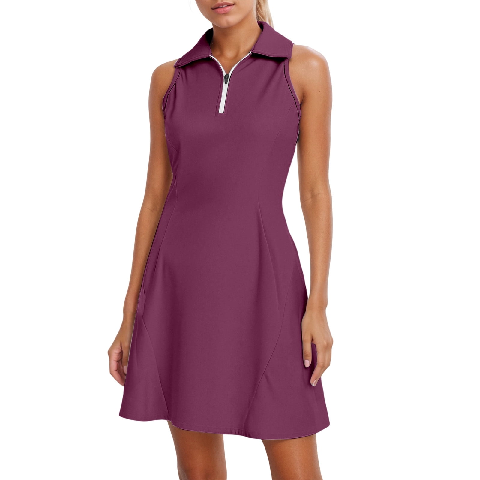 Daznico Women's Sleeveless Golf Tennis Dress Half Zip Polo Neck Built-in Shorts Pocketed Athletic Active Dress,M