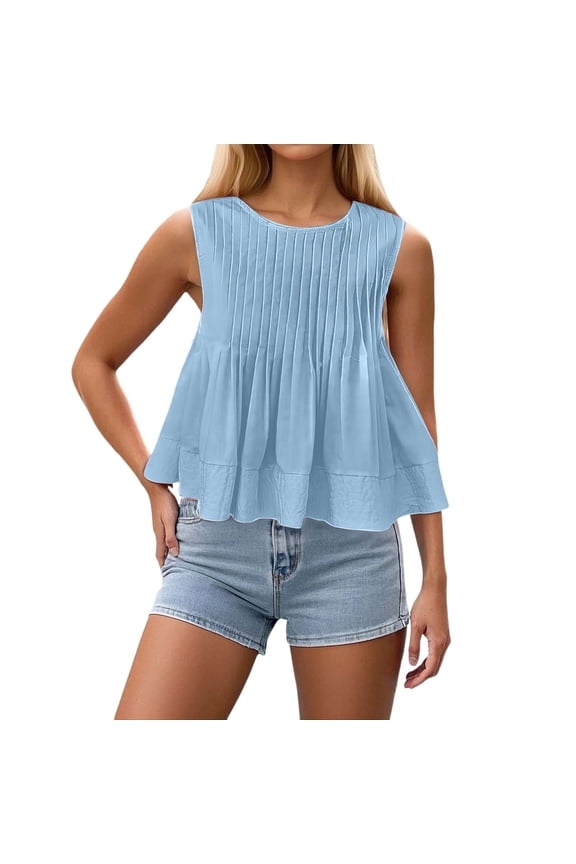 Women's Sleeveless Ruffle Peplum Blouse - Round Neck Y2K Shirt for Summer Fashion,Size L