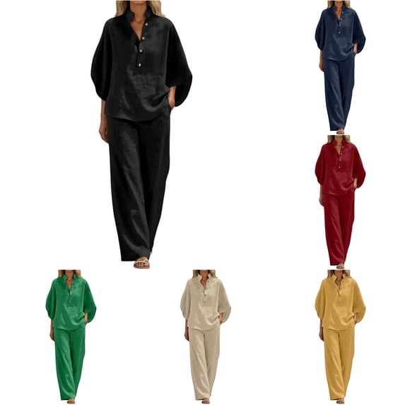 Daznico Women's Solid Casual Two Piece Matching Outfit Stand Collar Batwing Sleeve Shirt Wide Leg Trousers Pocket Daily Wear Linen Set,5XL
