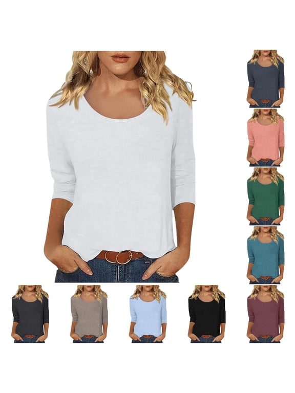 Women's Solid Scoop Low Cut Neck 3/4 Sleeve T Shirt Soft Stretchy Loose Fit Basic Casual Daily All Season Plain Top,L