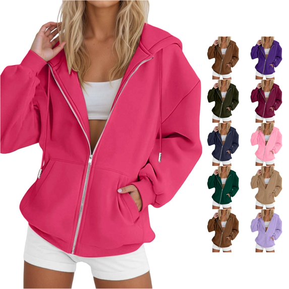 Daznico Women's Solid Zip Up Lined Hooded Sweatshirt Raglan Long Sleeve Drawstring Oversized Front Pocket Loose Fall Winter Hoodie Jacket,M