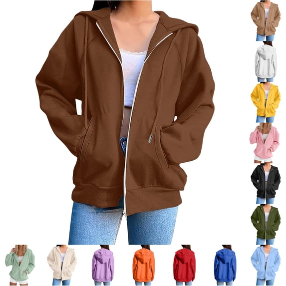 Daznico Women's Solid Zip Up Hoodie Jacket Raglan Long Sleeve Drawstring Oversized Front Pocket Stylish Casual Everyday Loose Fit Sweatshirt Coat,M