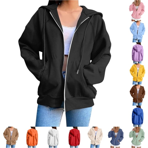 Daznico Women's Solid Zip Up Hoodie Jacket Raglan Long Sleeve Drawstring Oversized Front Pocket Stylish Casual Everyday Loose Fit Sweatshirt Coat,S