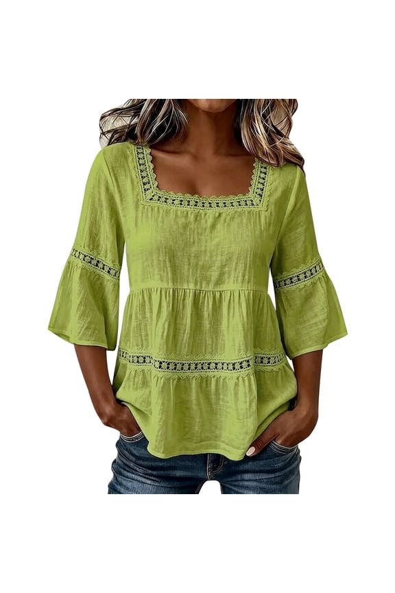 Women's Square Neck Lace Trim Peplum Blouse 3/4 Bell Sleeve Casual Summer Loose Fit Tiered Tops for Daily Wear,M