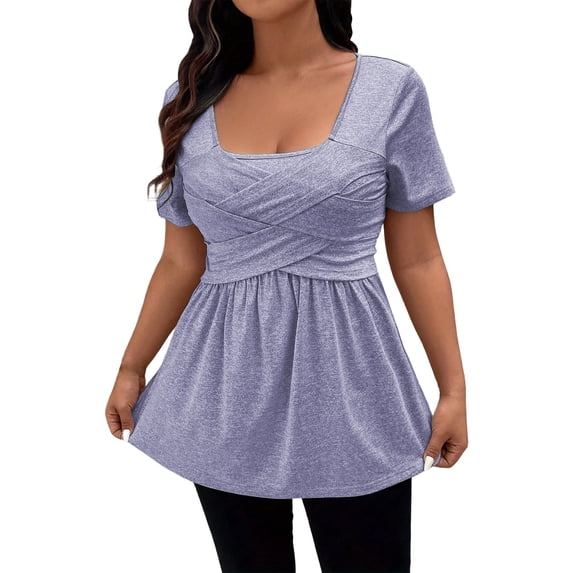 Daznico Women's Square Neck Short Sleeve Peplum Top with Crisscross Front Casual Blouse,L