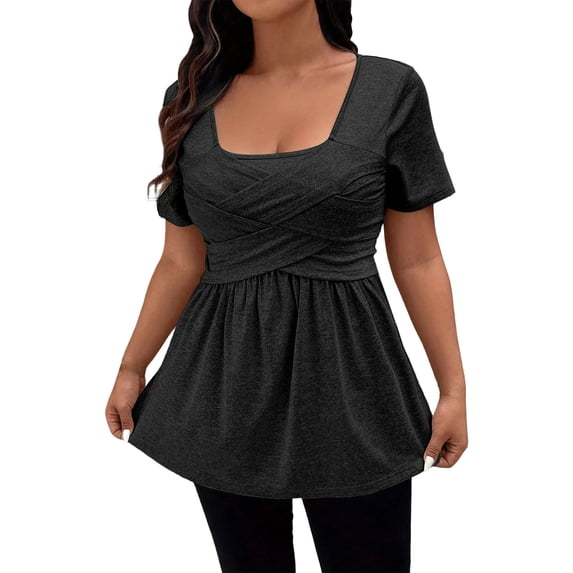 Daznico Women's Square Neck Short Sleeve Peplum Top with Crisscross Front Casual Blouse,S