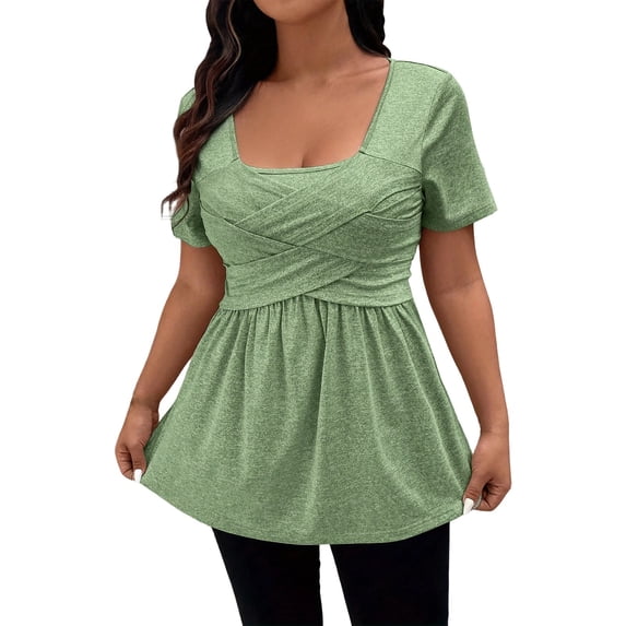 Daznico Women's Square Neck Short Sleeve Peplum Top with Crisscross Front Casual Blouse,S