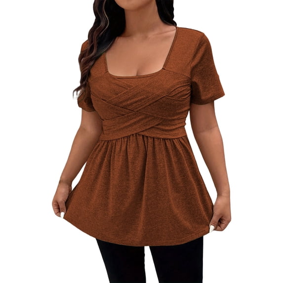 Daznico Women's Square Neck Short Sleeve Peplum Top with Crisscross Front Casual Blouse,XXL