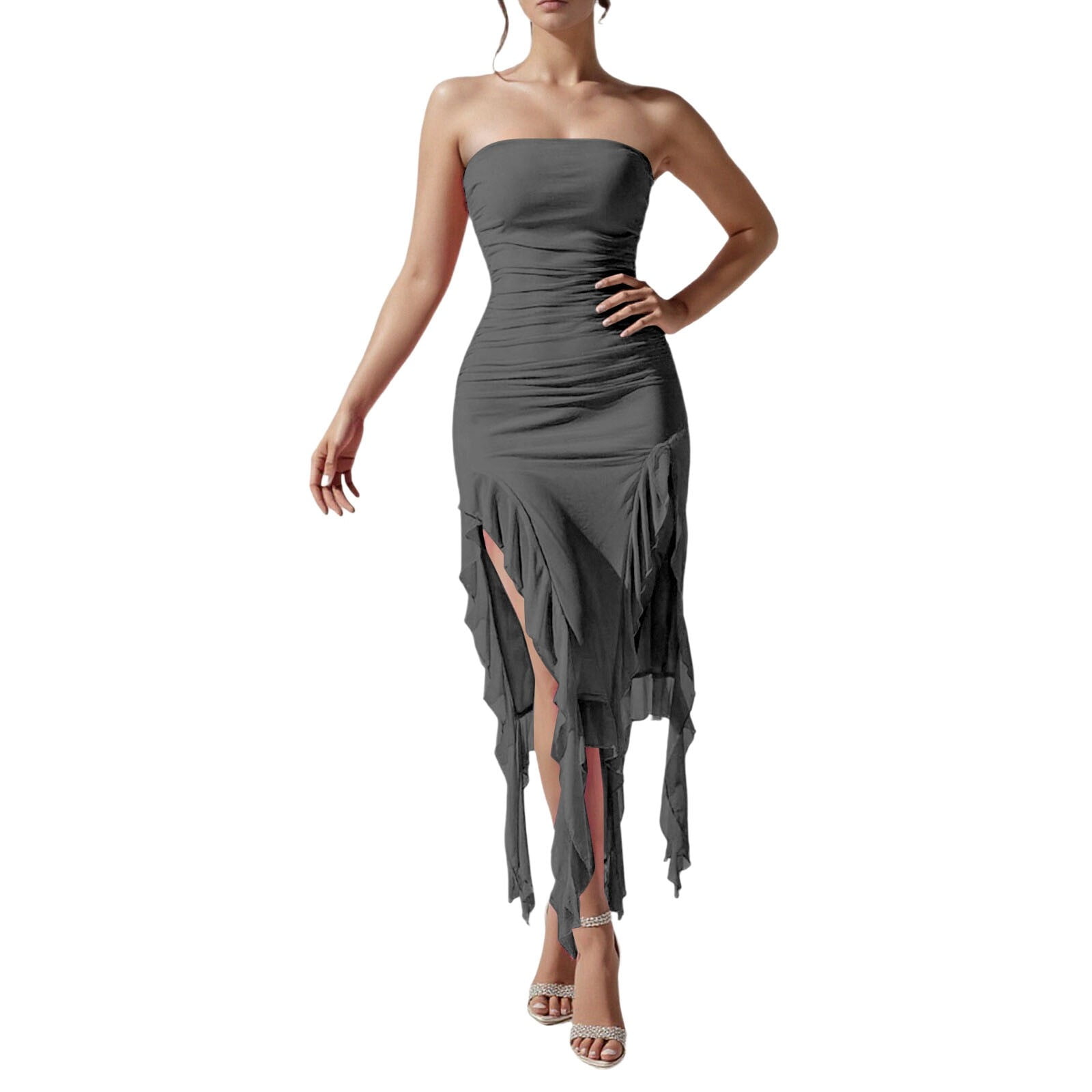 Daznico Women's Strapless Ruched Midi Dress Asymmetrical Ruffle High ...