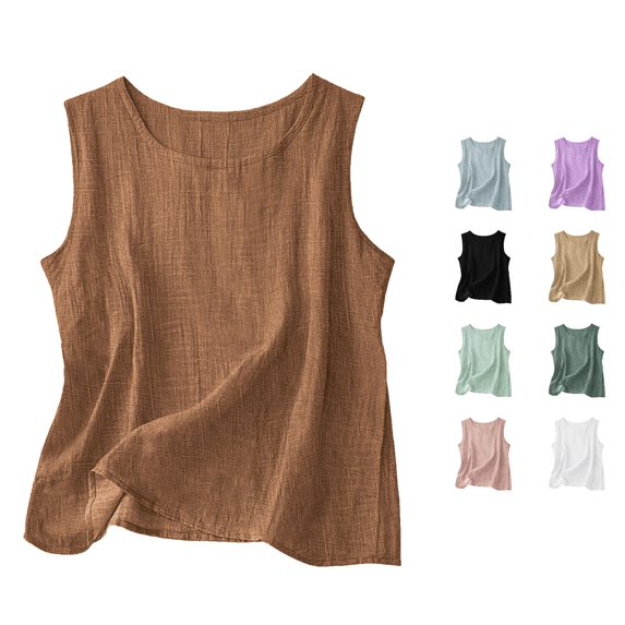 Daznico Women's Summer Lightweight Linen Tank Top Round Neck Sleeveless Loose Fit Casual Basic Camisole Daily Wear Blouse,4XL