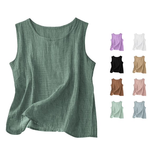 Daznico Women's Summer Lightweight Linen Tank Top Round Neck Sleeveless Loose Fit Casual Basic Camisole Daily Wear Blouse,L