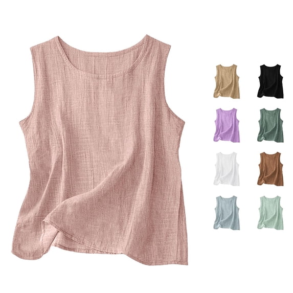 Daznico Women's Summer Lightweight Linen Tank Top Round Neck Sleeveless Loose Fit Casual Basic Camisole Daily Wear Blouse,S