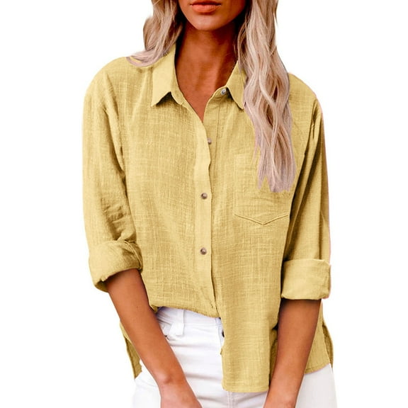 Daznico Women's Summer Linen Button Shirt - Long Sleeve Lapel Tie Pocket Top for Casual Wear | Breathable & Comfortable, for Size 4XL