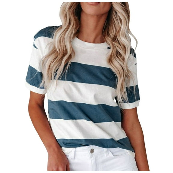 Daznico Women's Summer Stripe Print Casual T-Shirt, Round Neck, Short Sleeve,Size L