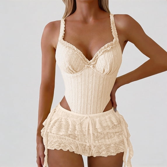 Daznico Women's Textured Bodysuit Set, Lace Trim Ruffled Bralette with Layered Mini Skirt,XL