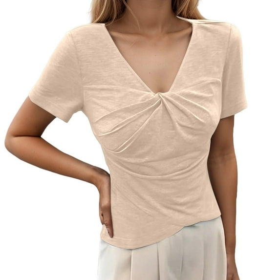 Daznico Women's Twist Front V-Neck Top, Short Sleeve Casual Stretchy Breathable Tee for Daily Wear All Seasons,XL