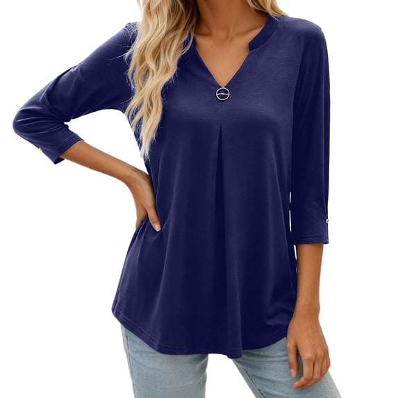 Daznico Women's V-Neck 3/4 Sleeve Blouse with Metal Ring Detail Casual Flowy Top,M