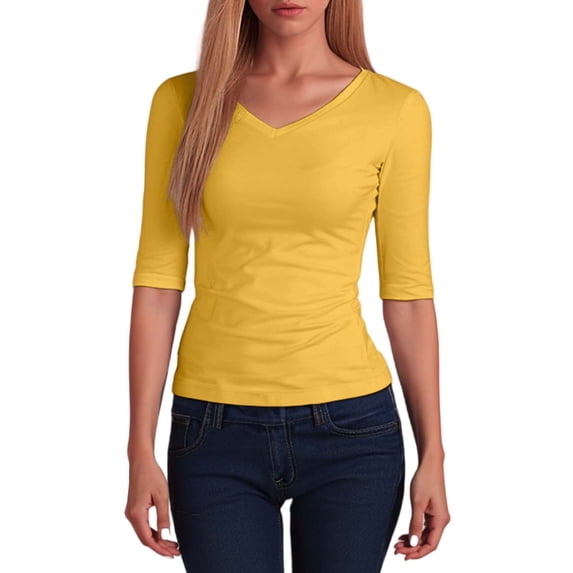 Daznico Women's V-Neck 3/4 Sleeve T-Shirt, Casual Basic Top, Comfortable Soft Everyday Tee for Spring & Fall,XL
