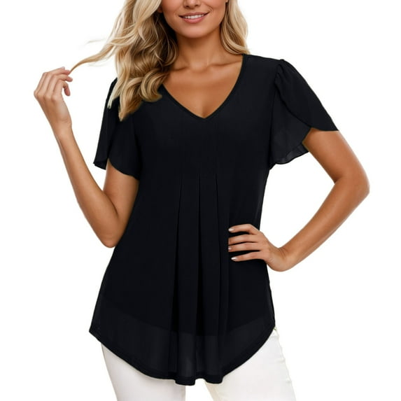 Daznico Women's V-Neck Chiffon Blouse, Ruffle Sleeve Pleated Flowy Tunic,M