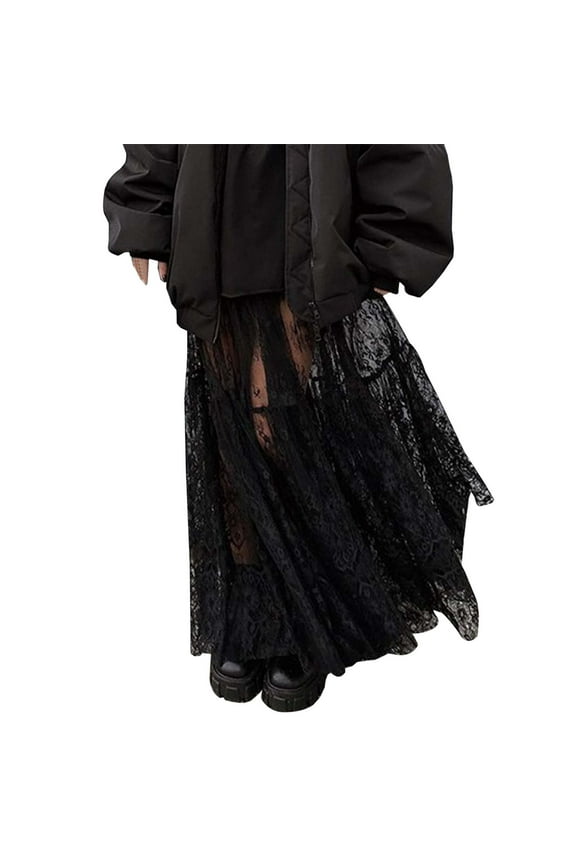 Women's Vintage High Waisted Lace Midi Skirt - Sheer Pleated Overlay Hollow Out Design, Retro A-Line Formal/Casual Wear,Size M