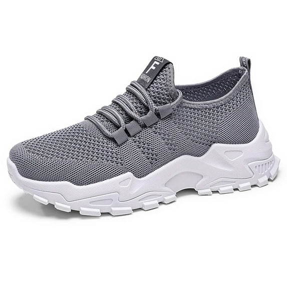 Daznico Women's Wide Fit Fly Weave Sneakers - Breathable Thick-Sole Tennis Shoes with Shock Absorption,Color:Grey,Size:8