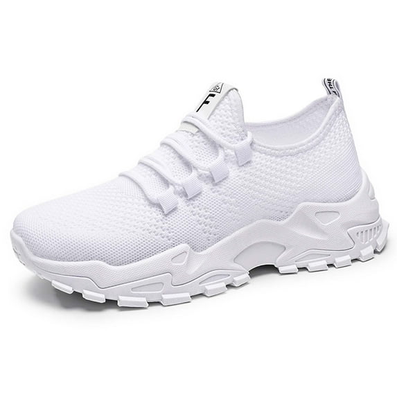Daznico Women's Wide Fit Fly Weave Sneakers - Breathable Thick-Sole Tennis Shoes with Shock Absorption,Color:White,Size:8.5