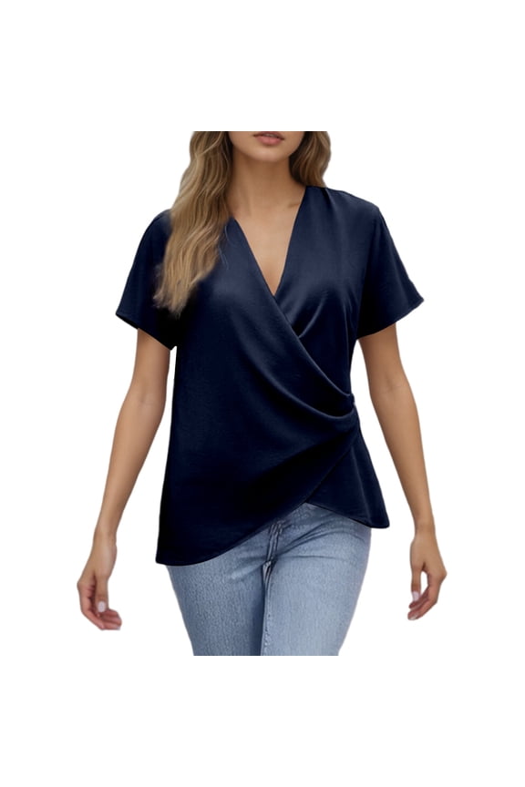 Women's Wrap Front V-Neck Top, Short Sleeve Casual Asymmetrical Hem Tee,S