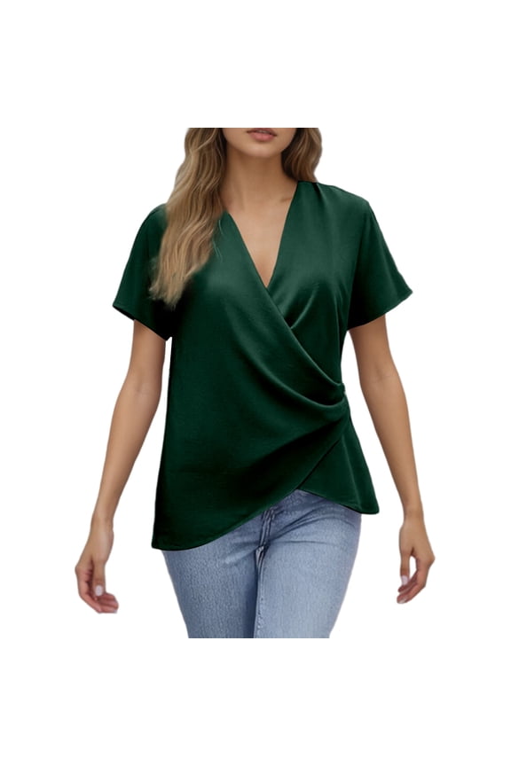 Women's Wrap Front V-Neck Top, Short Sleeve Casual Asymmetrical Hem Tee,S