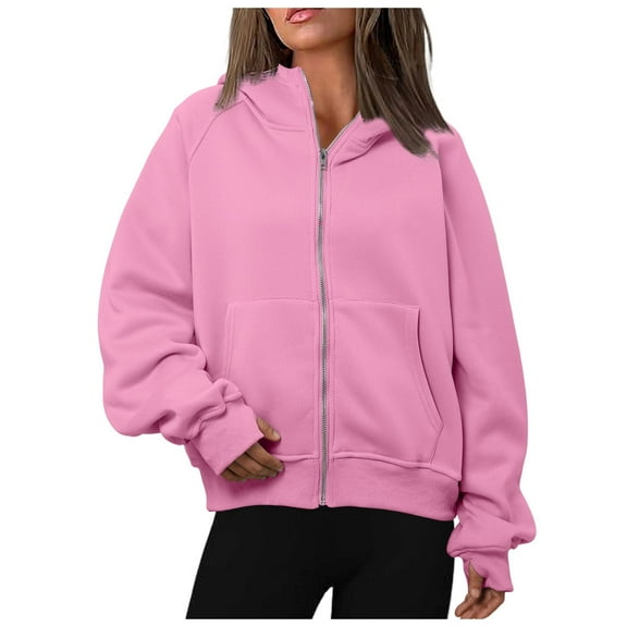 Daznico Women's Zip-Up Hoodie Cardigan Loose Fit Long Sleeve -Lined Pullover,Zip Up Hoodie Women,Zip Up Sweatshirt Women,Color: Pink Size: L