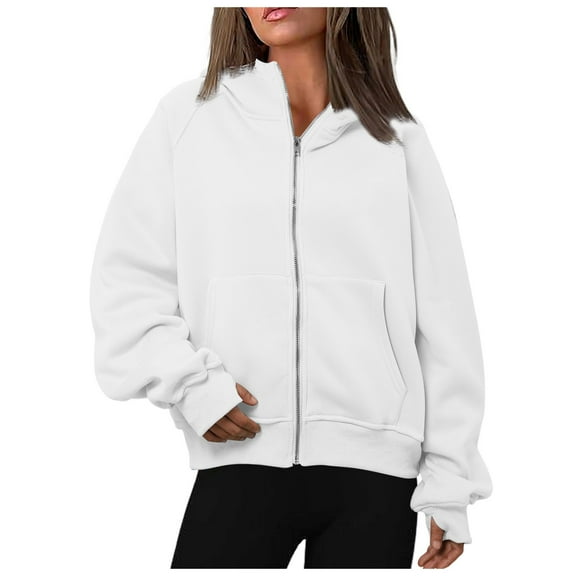 Daznico Women's Zip-Up Hoodie Cardigan Loose Fit Long Sleeve -Lined Pullover,Zip Up Hoodie Women,Zip Up Sweatshirt Women,Color: White Size: L
