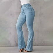 DAZNICO Tummy Control Bootcut Jeans,Women's Fashion Ripped Micro Cut High Waisted Solid Color Denim Pants,Classic Waisted Flare Jeans Pant(Size:S)