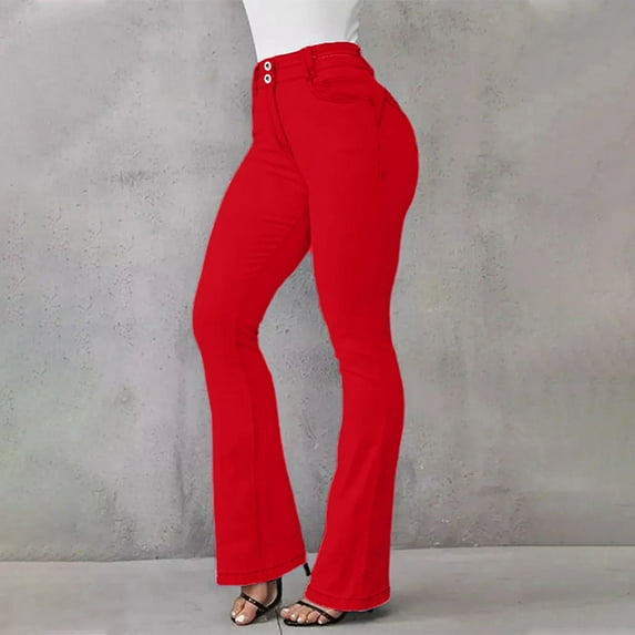 Daznico Womens Bootcut Jeans Casual High Waist Pants Trousers Pockets Classic Flare Denim Jeans,Tummy Control Bootcut Jeans-Red-XS