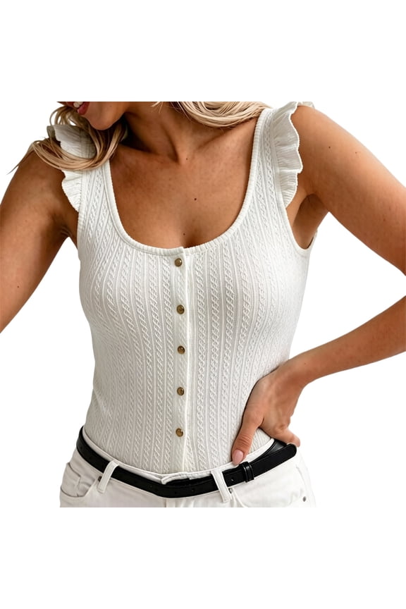 Womens Cable Knit Ruffle Strap Tank Top Scoop Neck Button Front Slim Fit Casual Summer Solid Color Camisole,M