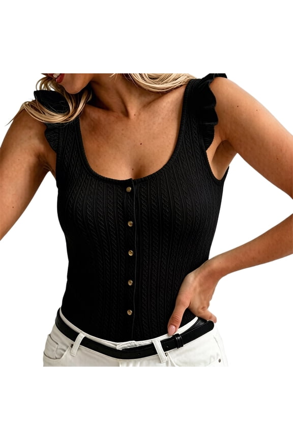 Womens Cable Knit Ruffle Strap Tank Top Scoop Neck Button Front Slim Fit Casual Summer Solid Color Camisole,S