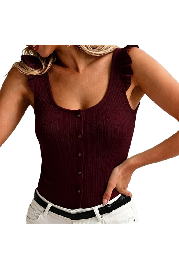 Womens Cable Knit Ruffle Strap Tank Top Scoop Neck Button Front Slim Fit Casual Summer Solid Color Camisole,S