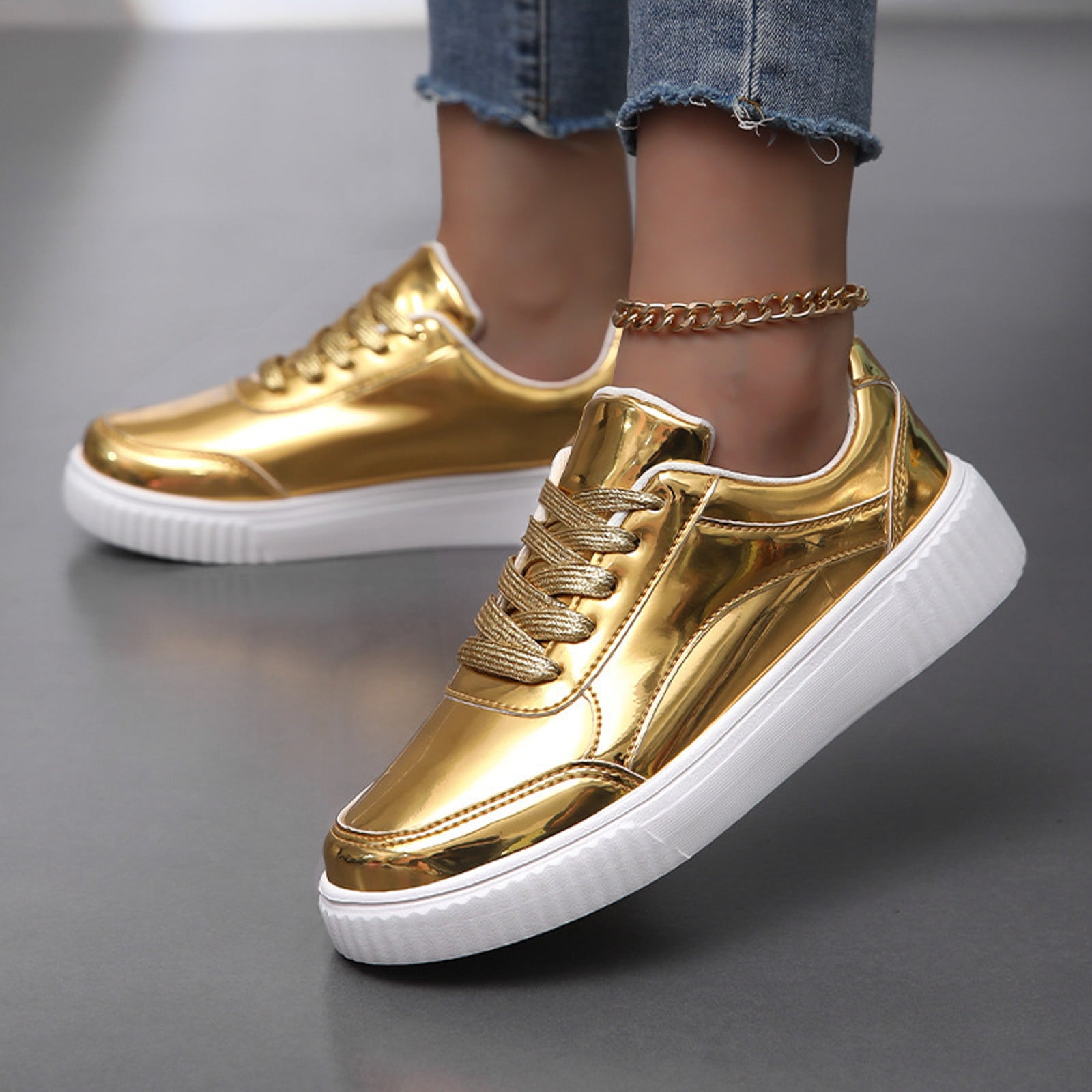 Womens Comfort Sneakers,Women Sneakers Colored Thick Sole Simple and Comfortable Lace Up Versatile Casual Shoes,Women's Glitter Tennis Sneakers,Size 7