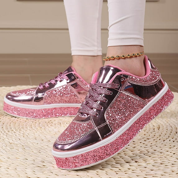 Daznico Womens Comfort Sneakers,Women's Leather Platform Casual Shoes Bright Top Low Top Lace Up Sneakers,Women's Glitter Tennis Sneakers,Size 6.5