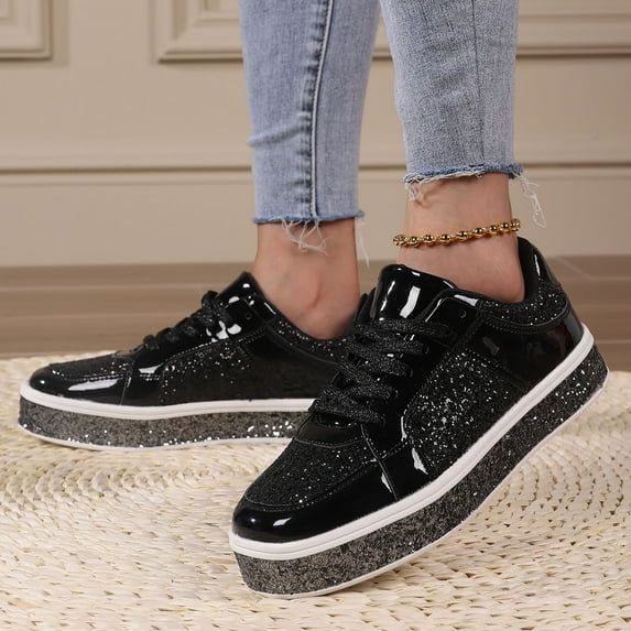 Daznico Womens Comfort Sneakers,Women's Leather Platform Casual Shoes Bright Top Low Top Lace Up Sneakers,Women's Glitter Tennis Sneakers,Size 7.5