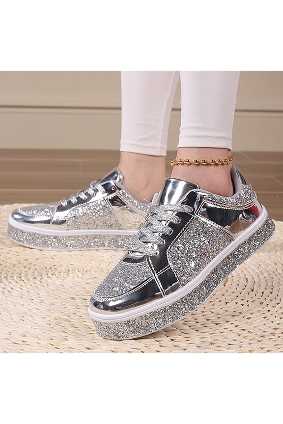 Womens Comfort Sneakers,Women's Leather Platform Casual Shoes Bright Top Low Top Lace Up Sneakers,Women's Glitter Tennis Sneakers,Size 7