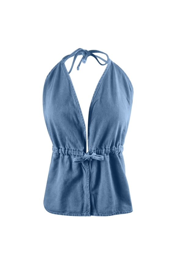 Womens Denim Halter Top Backless Tie Neck Drawstring Waist Sleeveless Summer Casual Camisole,S