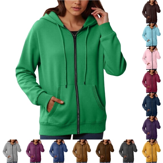 Daznico Womens Full Zip Hooded Sweatshirt Jacket Long Ribbed Relaxed Loose Soft Pullover Coat with Ribbed Side Pockets Casual Outerwear,M