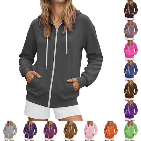 Daznico Womens Full Zip Hooded Sweatshirt Long Ribbed Oversized Relaxed Soft Pullover Jacket with Side Pockets All Season Casual Outerwear,M
