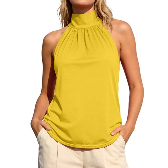 Daznico Womens High Neck Halter Tank Top Gathered Neck Sleeveless Casual Summer Loose Fit Blouse,S