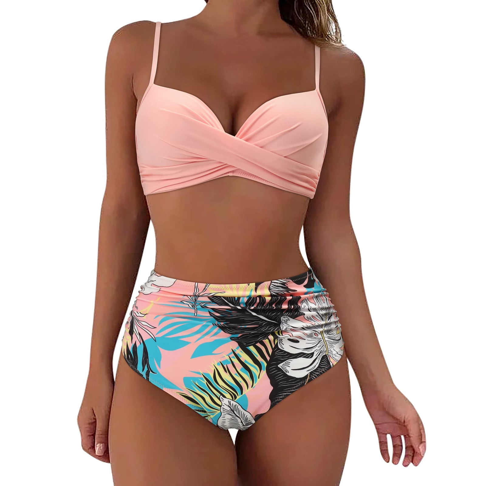 Cysincos Women High Waisted Bikini Ruched Twist Front Swimsuits Push Up Two  Piece Bathing Suits Swimwear