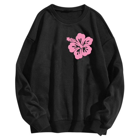 Daznico Womens Letter Print Crewneck Hoodless Sweatshirt Fall Floral Long Sleeve Drop Shoulder Sweatshirts Top Blouse,Sweatshirt for Women-Black-M
