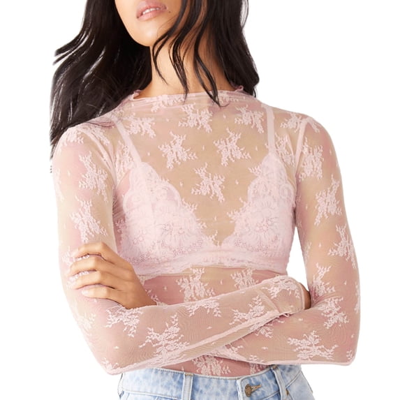 Daznico Womens Mesh Sheer Long Sleeve Layering Top Neck Lace Floral See Through Shirt Tops,Size L