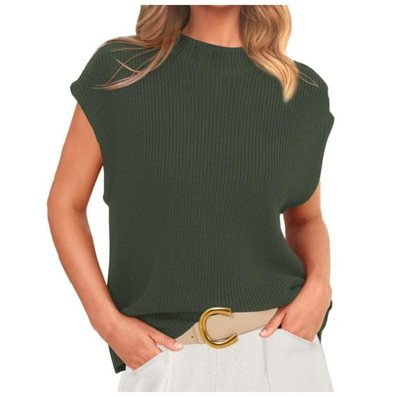 Daznico Womens Neck Sleeveless Sweater Vest 2024 Casual Summer Short Cap Sleeve Knit Ribbed Pullover Tank Tops(Color:Green,Size:S)